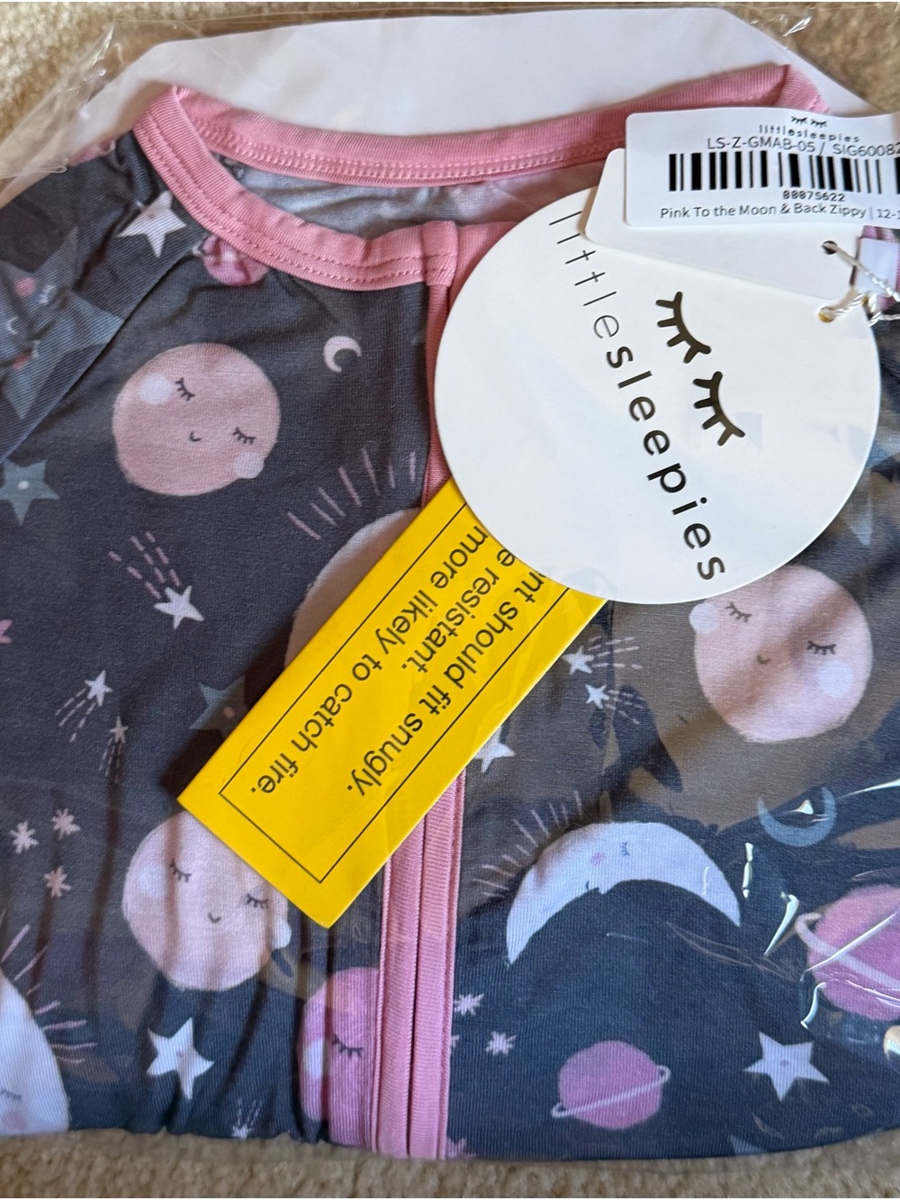 Little Sleepies Space Moon Pink Trim Footie 12-18 month